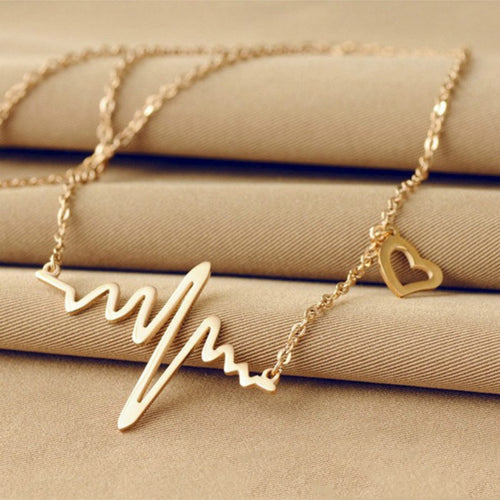 Simple Wave Heart Necklace Chic ECG Heartbeat Gold Pendant Charm Lightning Necklace for Women Vintage Jewelry